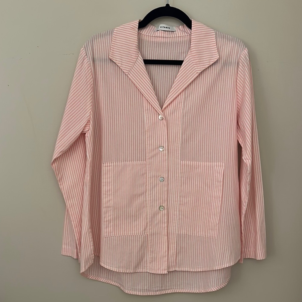 Vitamin Womens Cotton Pink Striped Button Down Shirt Sz Large Coastal Preppy